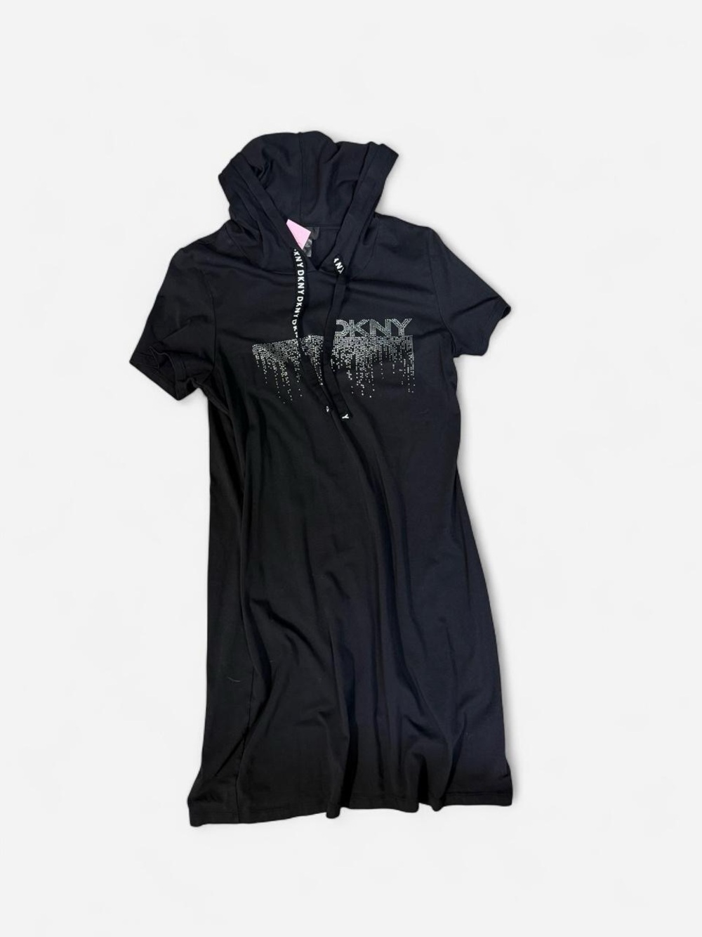 DKNY Black Hooded Short Sleeve Mini Dress with Embellished Logo